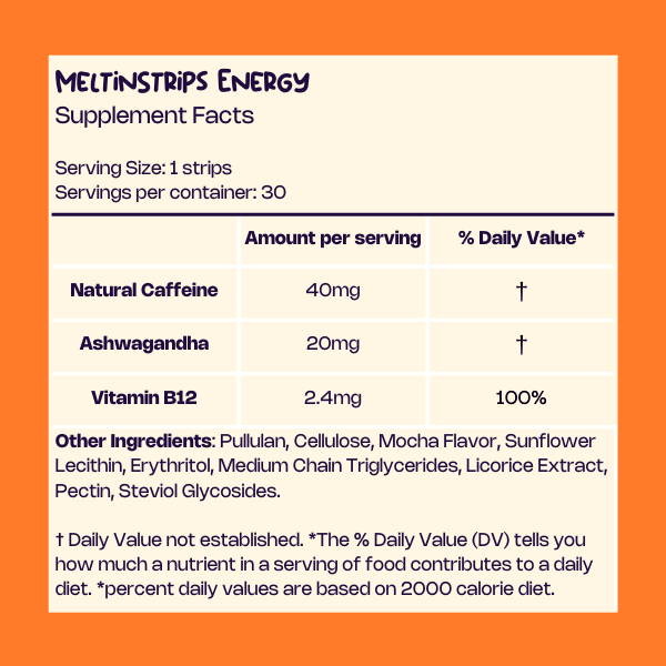 Supplement facts label for MeltinStrips Energy, featuring ingredients such as Natural Caffeine (40mg), Ashwagandha (20mg), and Vitamin B12 (2.4mg) to boost energy and focus, with additional natural ingredients.