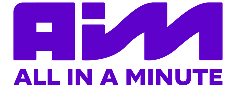 Purple logo with 'AIM All in a Minute' text on a white background